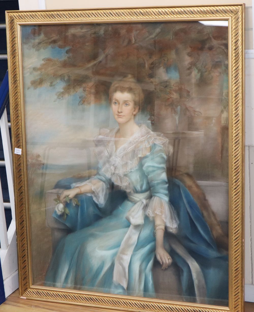 Laura Hope, pastel, Portrait of an 18th century lady seated beneath a tree, signed, 141 x 110cm